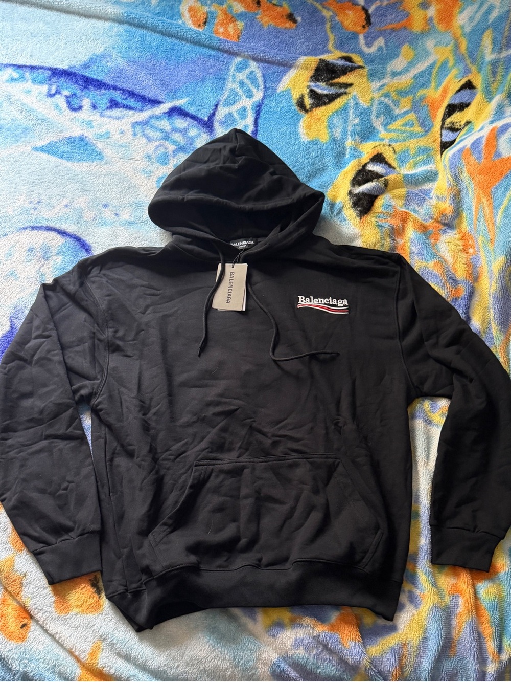 Balenciaga Black Pullover Hoodie with Small White & Red Logo